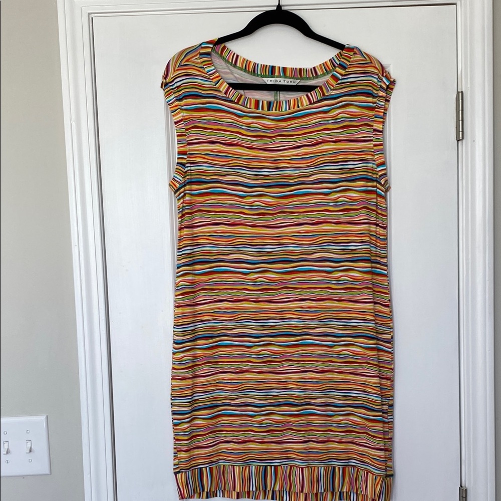 Trina Turk Multistripe Sleeveless Shift Dress in travel friendly fabric